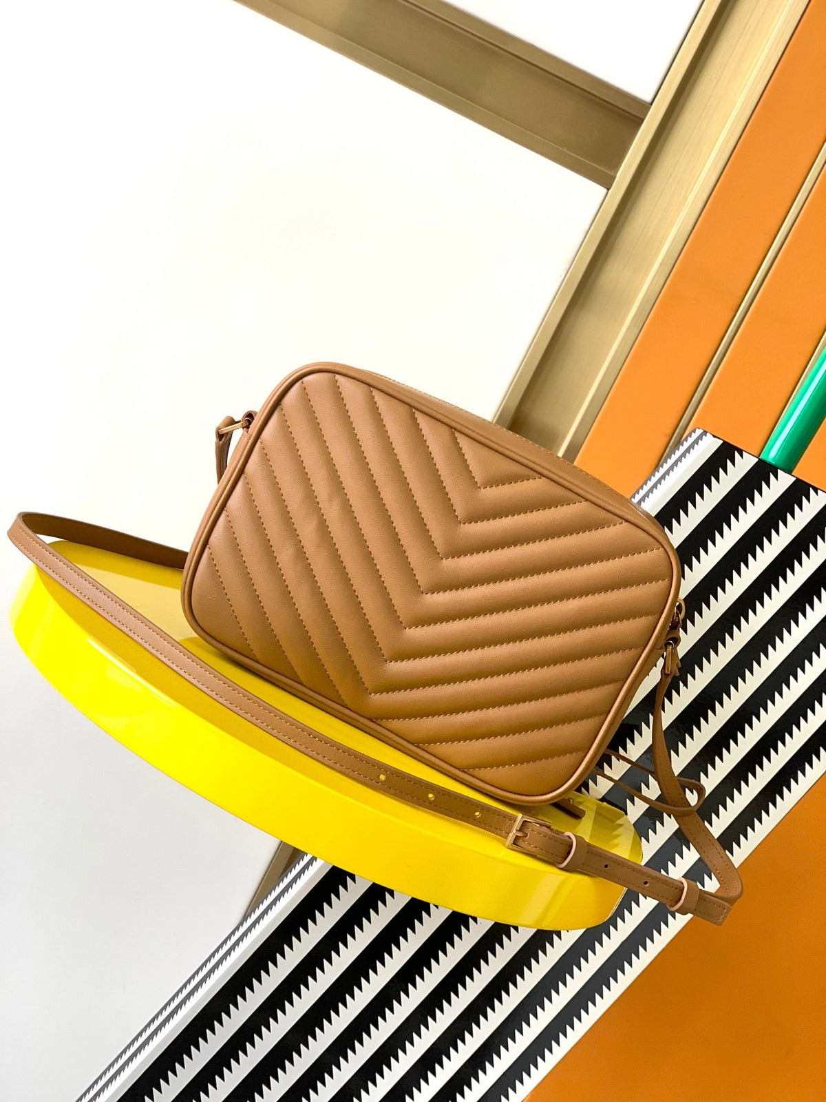 Lou Camera Bag in Tan Chevron Leather