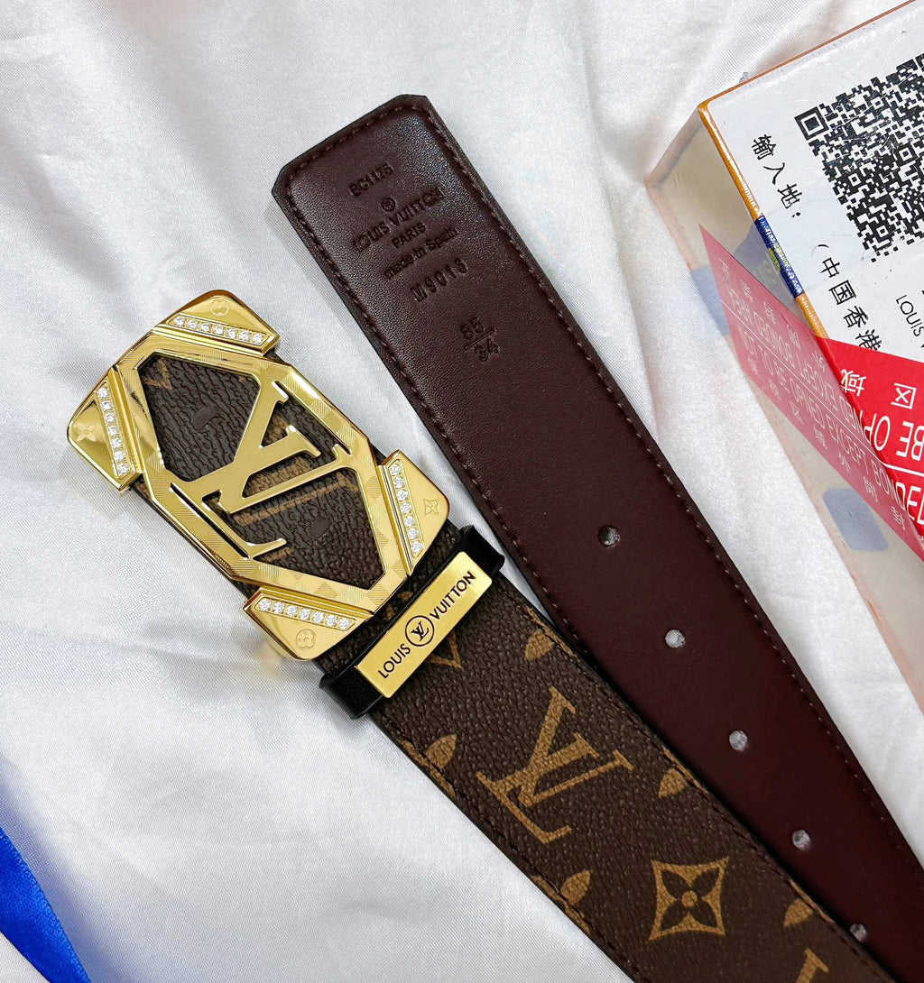 Monogram Leather Belt with Gold Geometric Buckle